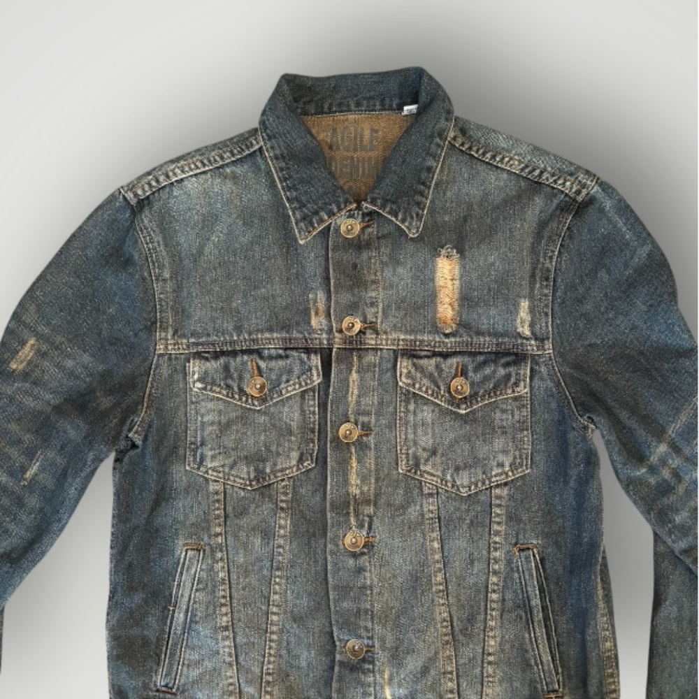 Agile Denim Mens Distressed Blue Jean Trucker Jacket Size M - Picture 3 of 11